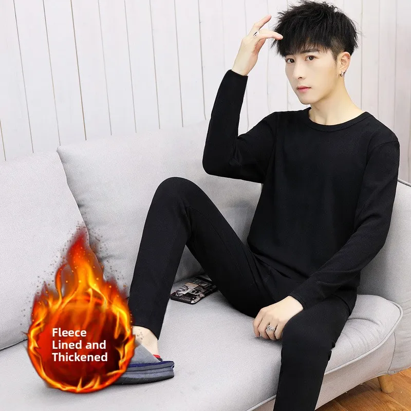 

Мужской комплект теплого термобелья с флисовой подкладкой: утепленная футболка с круглым вырезом и брюки 7/8 для молодежи, осенне-зимняя одежда, облегающий крой, длинный рукав