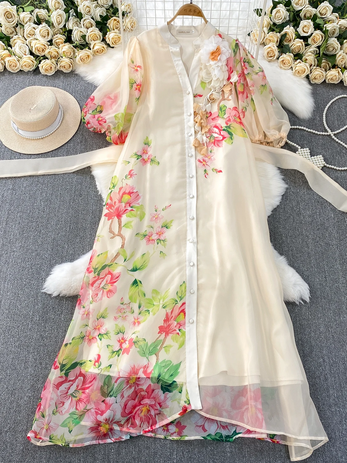 Vestido de Verão E com Estampa Floral, Cintura Alta, Manga Bufante, Decote em V, Cinto na Cintura, Estilo Coreano para...