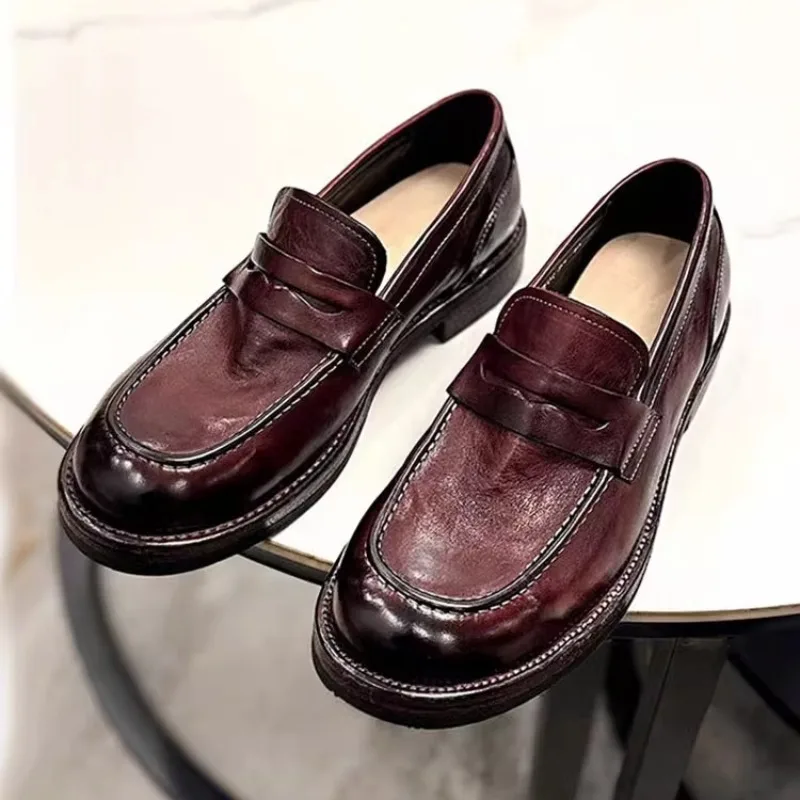 

British Style Leather Shoes Men's Retro Washed Genuine Leather Thick Sole Handmade Round Toe Casual Formal Business Loafers