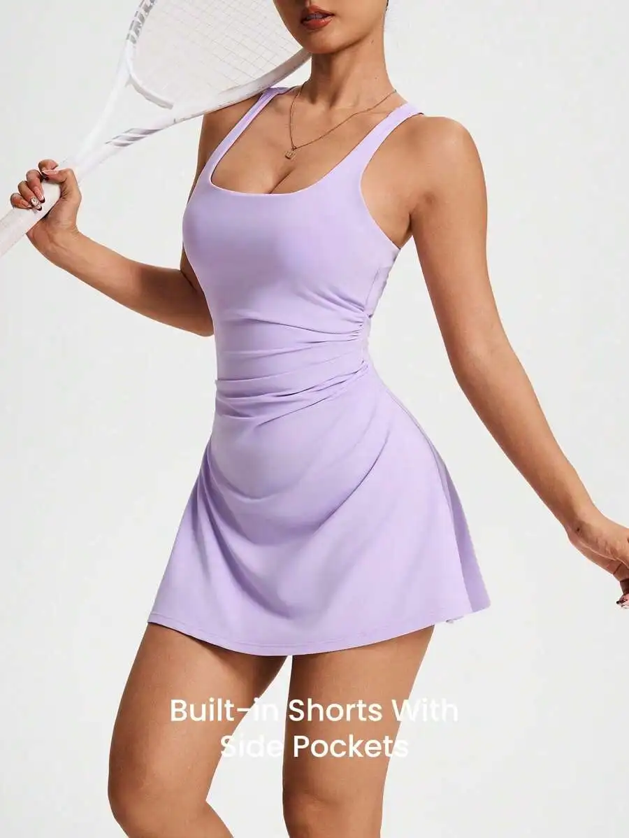 

Women Square Neck Sleeveless Pleated Athletic Dress With Built-In Shorts And Side Pockets