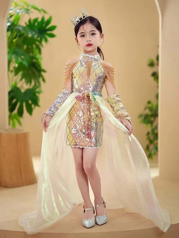 Children's Glitter Dresses Sequins Evening Dress Show Girls' Temperament Performance Princess Dress With Long Train Evening Wear