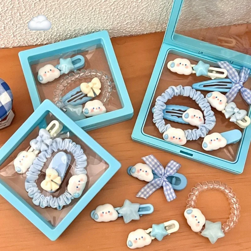 Kawaii Cartoon Floppy Dog Hair Accessories Set, Blue Plaid Bow Star Hair Clips & Elastic Scrunchies, Sweet Cute Puppy Hair Pins for Girls Daily Makeup Hairstyle Decor - Detail 1