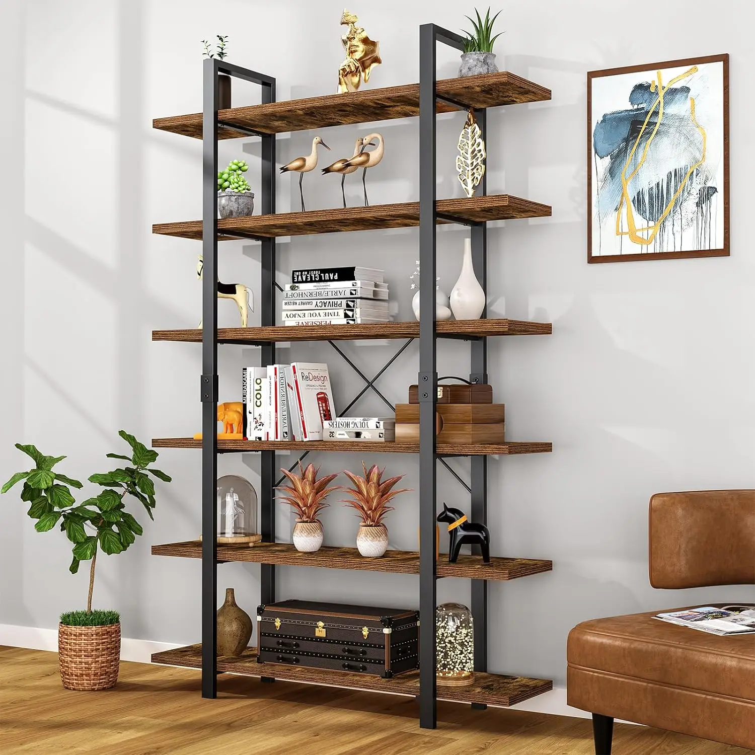 Frapow Boekenplank, 6 Tier Boekenplank 83Inch Hoge Boekenkast, Industriële Grote Boekenplanken Rustieke Boekenkast Met Open Metaal