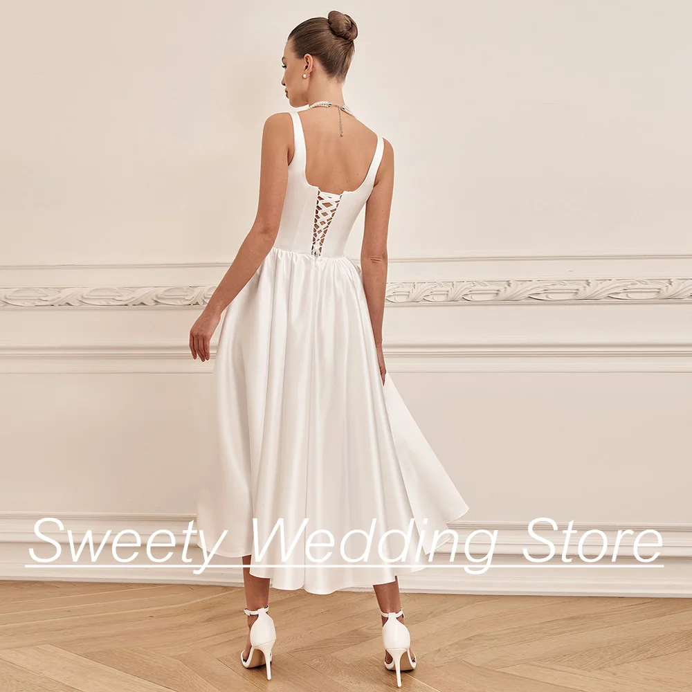 Sexy Satin Wedding Dress Sleeveless Square Neck Pocket Bridal Gown Tea Length Simple Corset Bride Dresses Backless Custom Color