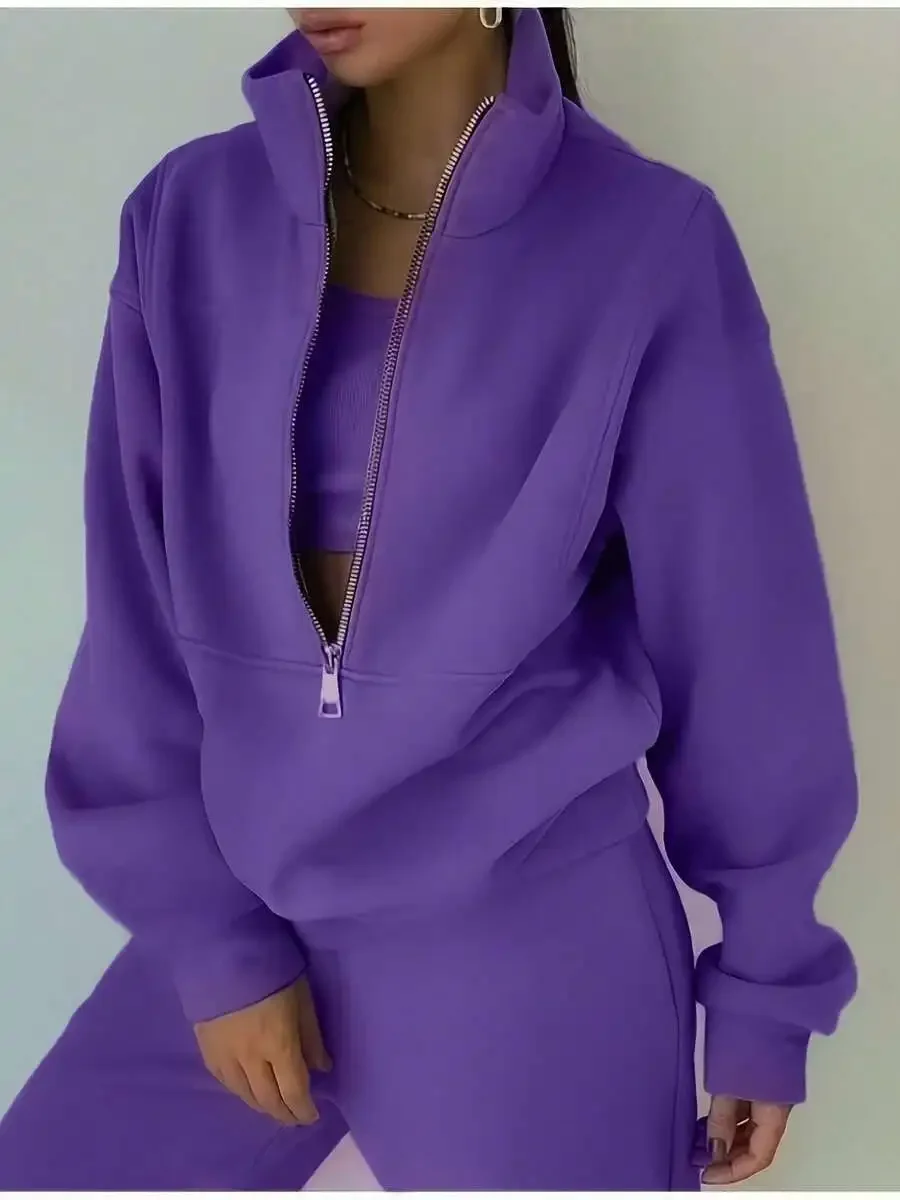 

Womens Purple Two-Piece Set Zip-Up Sweatshirt And Pants Casual Streetwear Outfit