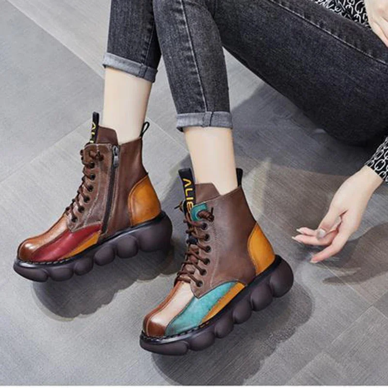 Mixed Color Shoes Women Boot Fashion Round Toe Lace Up Retro Handmade Casual Platform Ankle Boots Ladies Short Boots