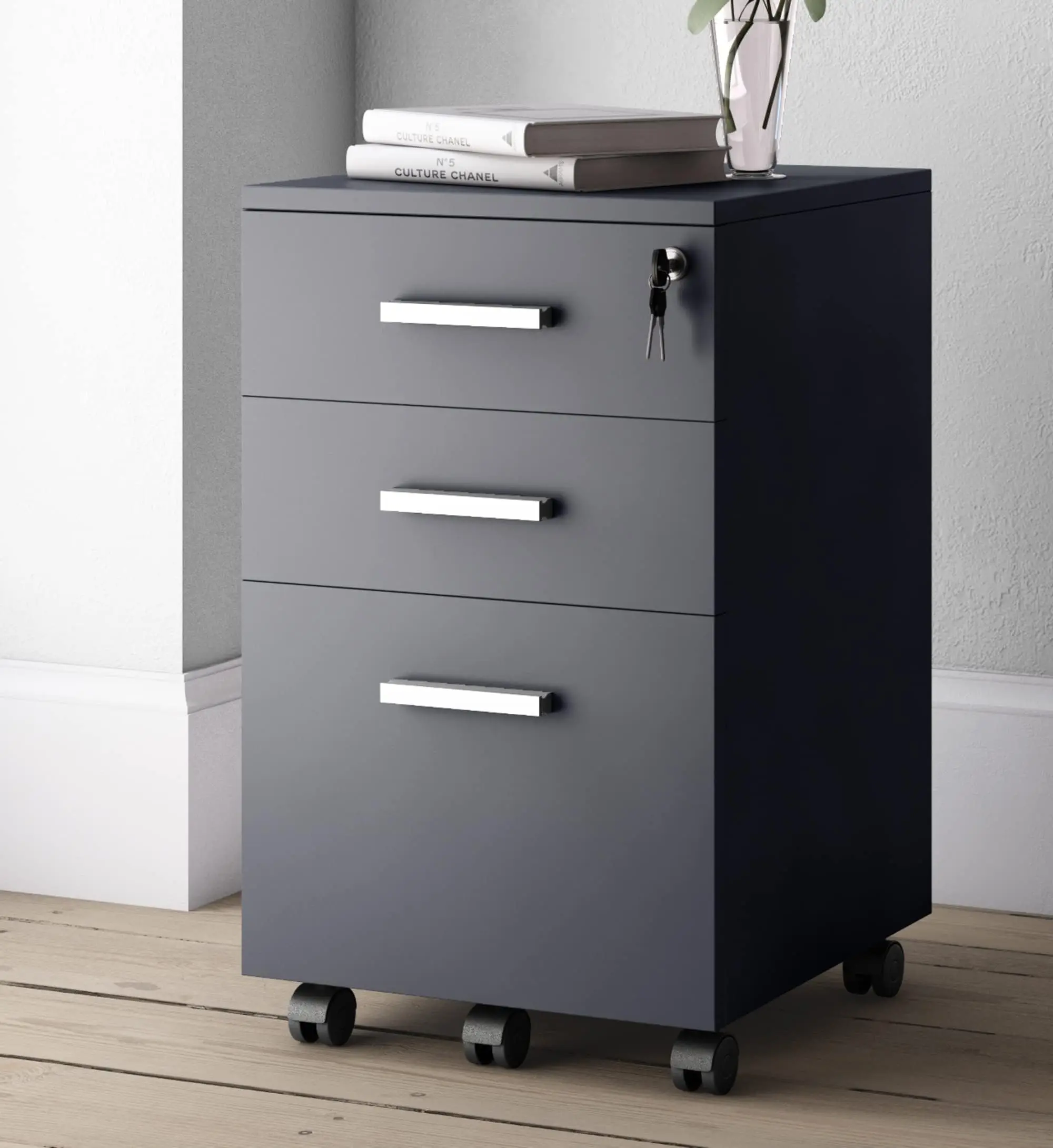 Lazio Black File Cabinet, Filing Cabinets for Home Office, Drawers for Under Desk, Locking 3 Drawer Rolling Wood File