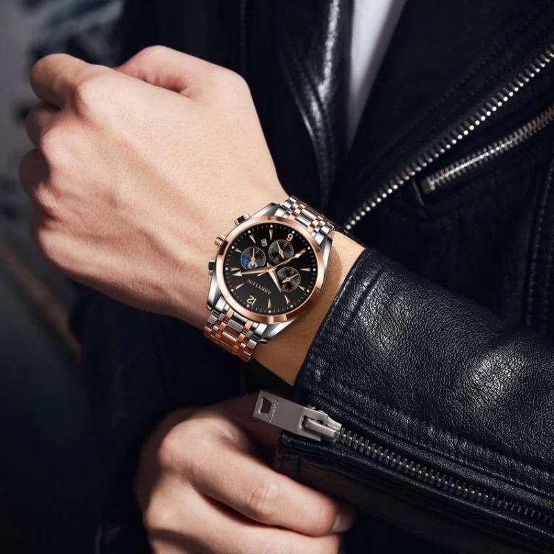 Abbylun-メンズクォーツ時計,ステンレス鋼ストラップ,多機能,3眼,ビジネス,防水,829