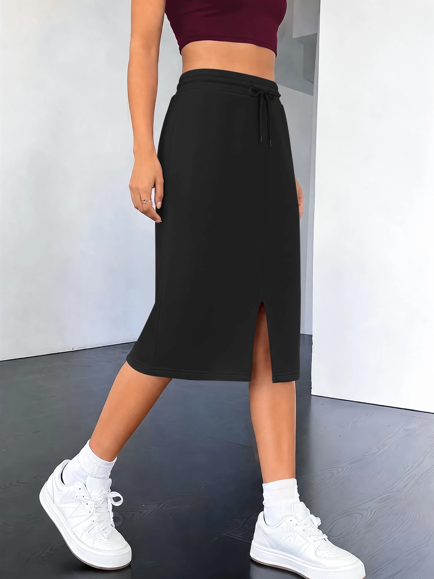 Elastic Waist Jersey Midi Skirt, Straight Silhouette, Relaxed Fit, Gym Post‑Workout & Campus Everyday Wear