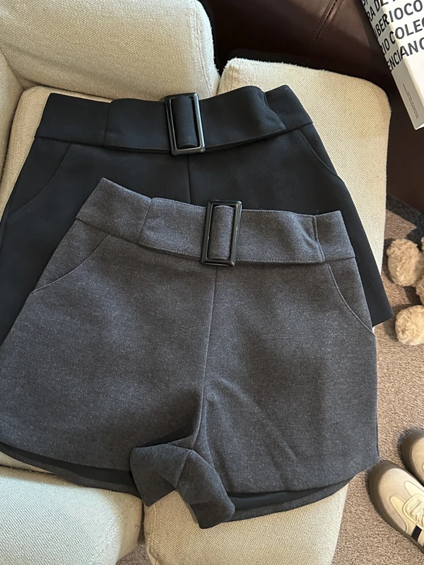 

High Waist Wide Leg Woolen ort Pants Women's Autumn Winter Outwear Casual Sle ket Detail Non-Stretchy Fabric