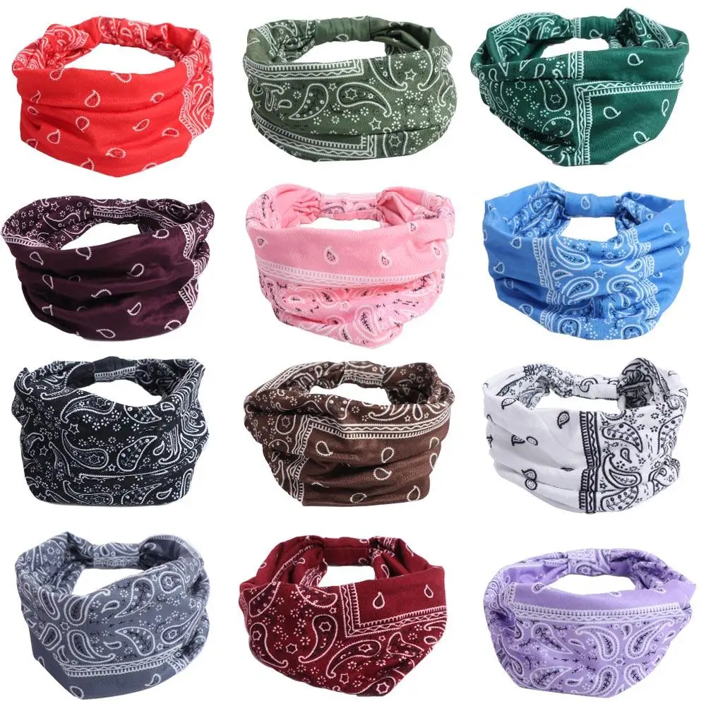 

Retro Cashew Print Boho Knot Turbans Headwrap Elastic Charming Yoga Headband Unisex Wide Edge Cross Headband Girls Ladies