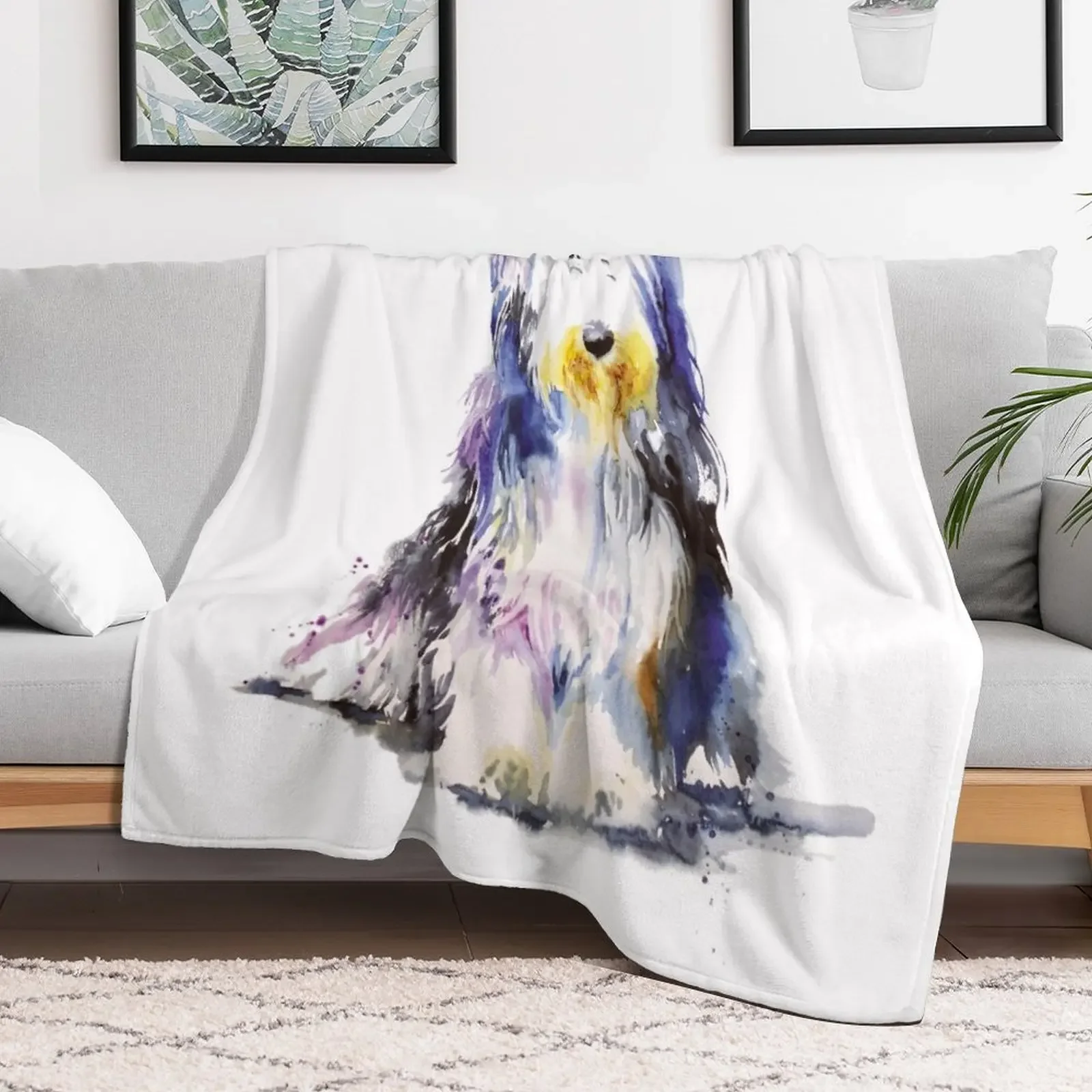 Bearded Collie Watercolour Throw Blanket Single Furry Nap Luxury Blankets