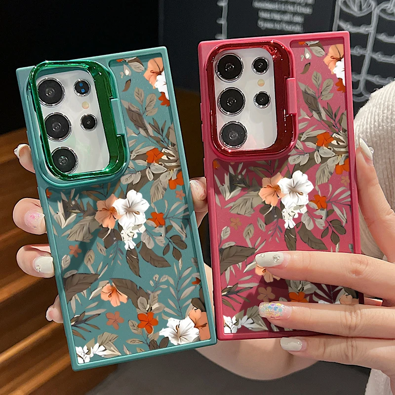 Flowers Print Lens Frame Stand Case For Samsung Galaxy S24 S23 Ultra A55 A15 A25 A35 A14 A34 A52 A53 A54 5G Soft TPU Phone Cover