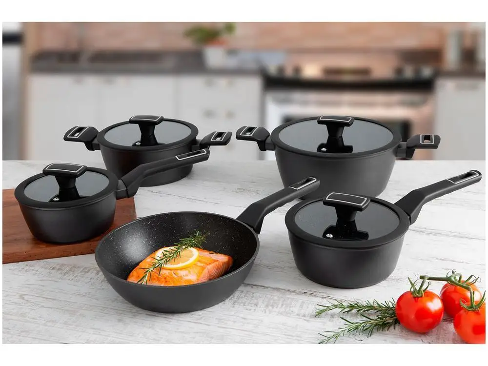 طقم أواني طهي مطلية بالسيراميك الكربوني ، أواني طهي من الألومنيوم الأسود ، عمر 5 قطع