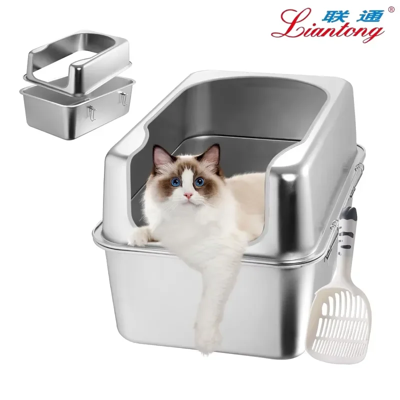 LianTong XL Large Automatic Cat Toilet Semi-Enclosed Stainless Steel with High Odor Control High Absorption Removable Cover