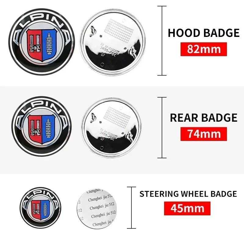 

1pcs 45mm 82mm 74mm Chrome Base front/rear boot badges hood trunk Emblem Steering wheel logo for ALPINA Auto Styling Accessories