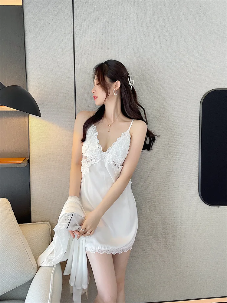 Spring and autumn new sexy lace suspenders nightdress ice silk satin pajamas women\'s summer thin home clothes