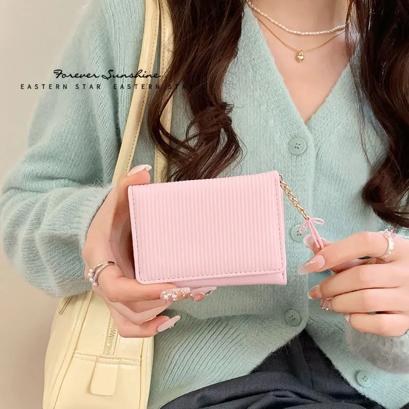 Korean Women's Short Wallet Bow Leather Cute Wallet Student Card Bag Three Fold Wallet ID Card Holder Hasp Coin Purse