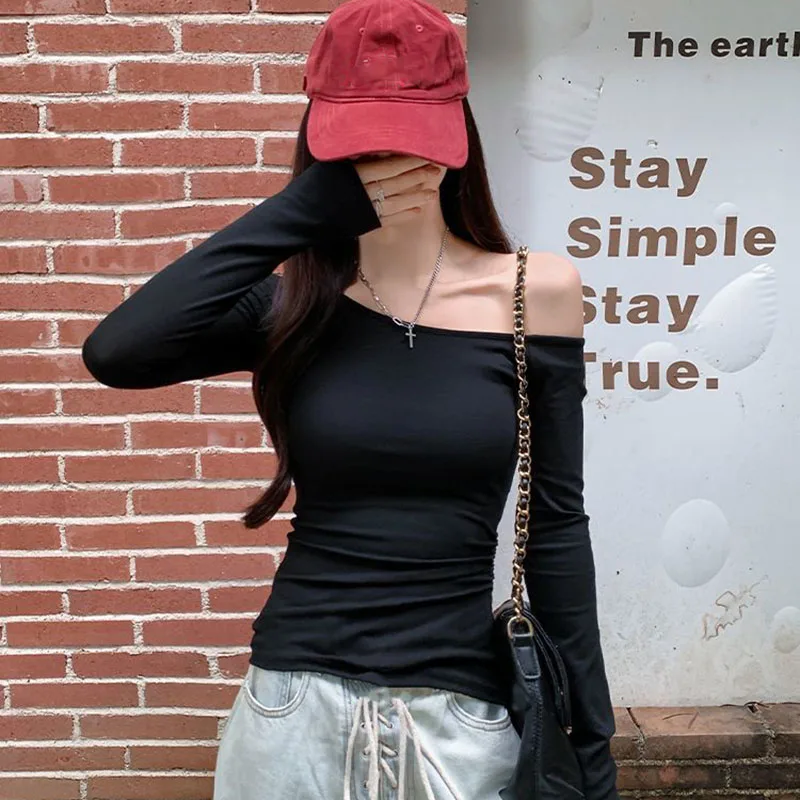 Lucyever Sexy Off Shoulder Long Sleeve T Shirt Women Solid Slim Bottoming Crop Tops Female Y2K Hot Girl Skinny Blouses Autumn