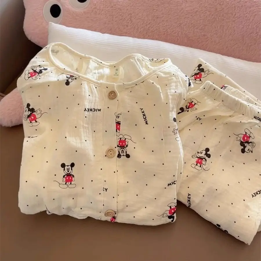 

Kawaii Pajamas for Women Spring Autumn Mickey Cotton Gauze Cartoon Cute Long Sleeved Pants Home Clothes Girls Birthday Gift Toys