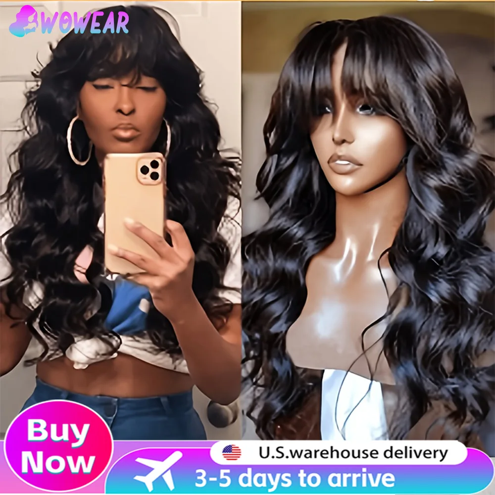 Perruques de cheveux humains vague de corps avec frange perruques de cheveux brésiliens Remy perruque faite à la Machine couleur naturelle pour les femmes 200% densité