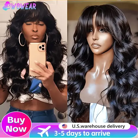 Body Wave Human Hair Wigs With Bangs Brazilian Remy Hair Wigs Machine Made Wig Natural Color For Women 200% Density