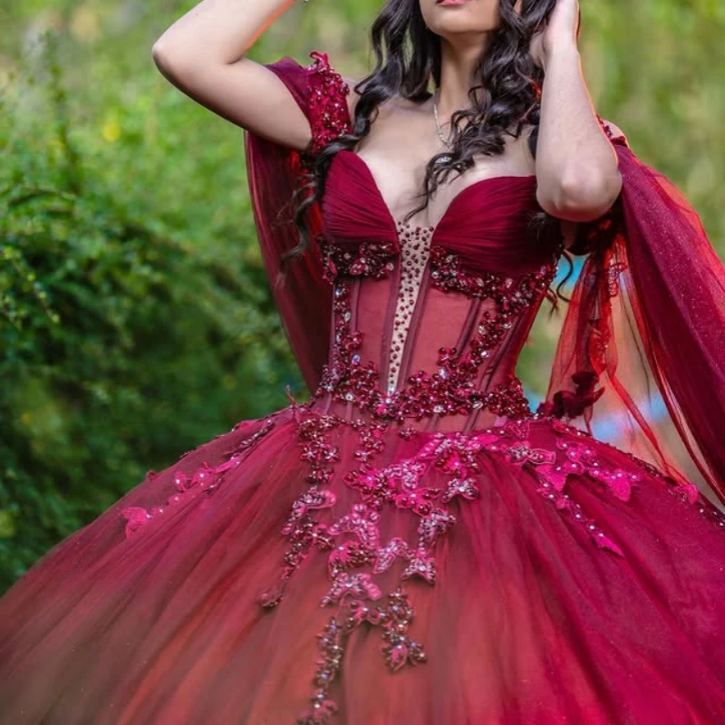 

wine red Quinceanera Dresses Off the Shoulder Tull Butterfly decal crystal Long tail Vestido 15 Quinceanera Customized