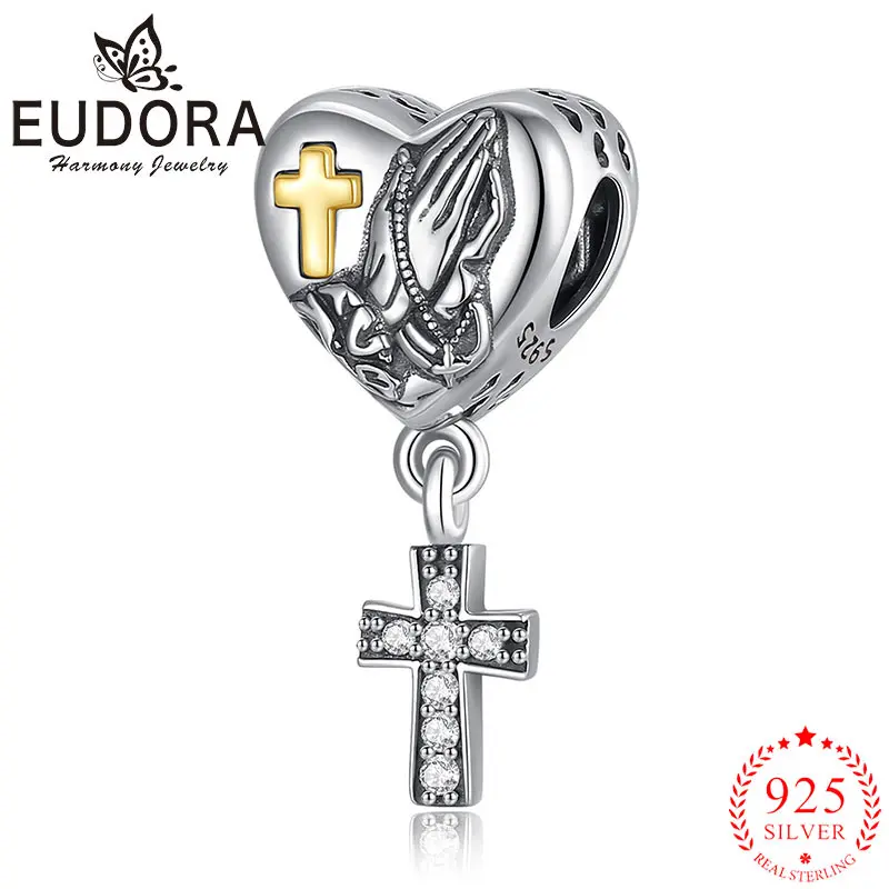 

Eudora 925 Sterling Silver Cross Beads Pendant Praying Hand Religious DIY Charm Zircon Necklace Bracelet Vintage Jewelry Gift