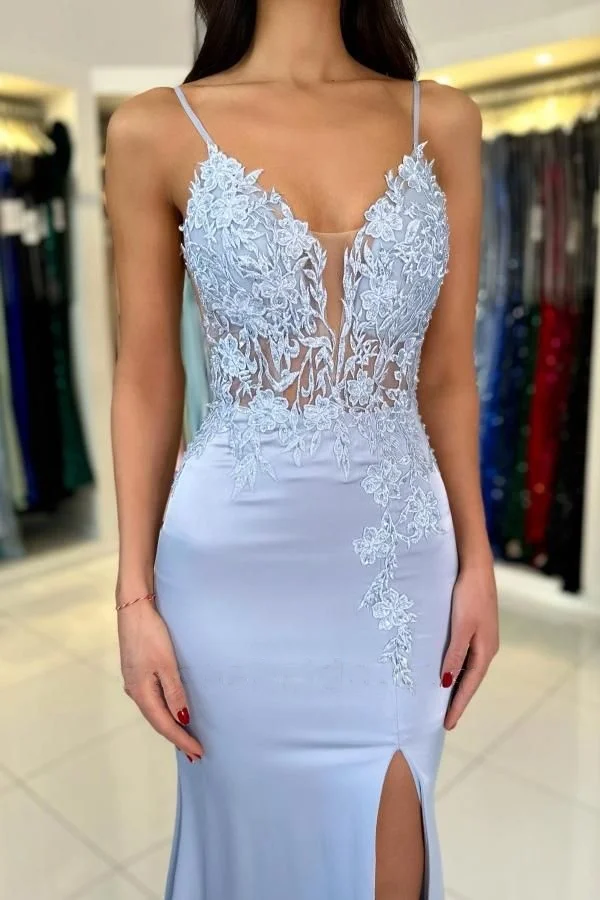 Elegant Woman Gala Dresses Long Mermaid V-Neck Spaghetti Strapless Sleeveless Satin Lace Prom Dresses with Slit Evening Gowns