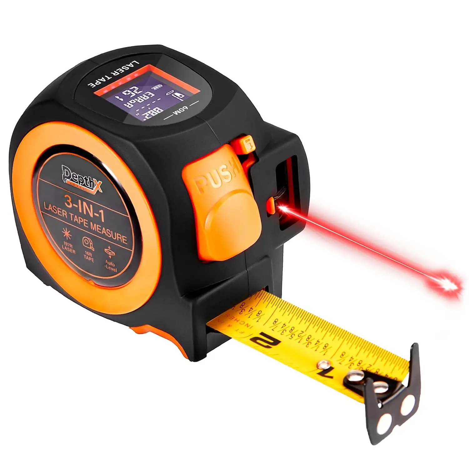 

3-in-1 Laser Tape Measure, 197ft Laser Distance Meter, Digital Level with Pythagorean/Area/Volume Functions