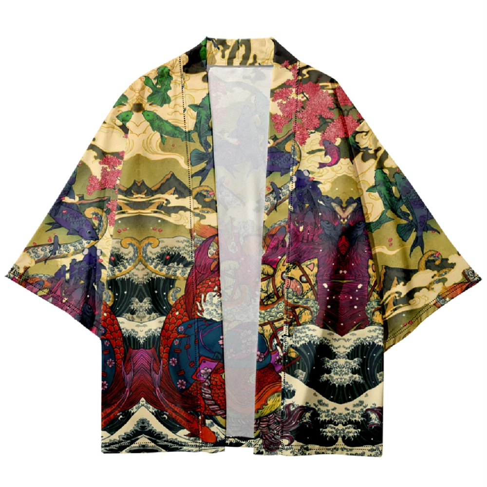 Japanese Style Fish Print Kimono Shirt Haori Fashion Summer Beach Yukata Men Women Traditional Cardigan Asian Clothing