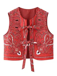 HH Women Fashion Paisley Print Vest Front Bow Lace Up O Neck National Style Vests Sleeveless Cardigan Waistcoat Chic Red Top