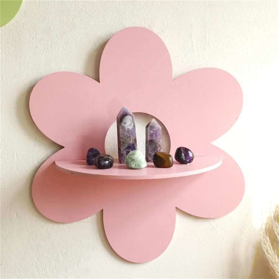 Flower Shape Wall Storage Holder Wooden Wall Art Wall Decoration Floating Plant Shelf For Bathroom Home Room Decor Gift Bedroom view 3
