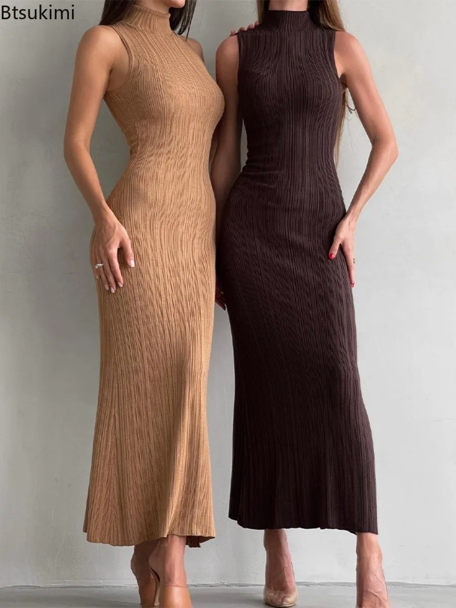 

Women's Sexy French Style Knitted Dress 2025 Spring Summer Turtleneck Sleeveless Slim Elegant Long Dress Party Bodycon Dresses