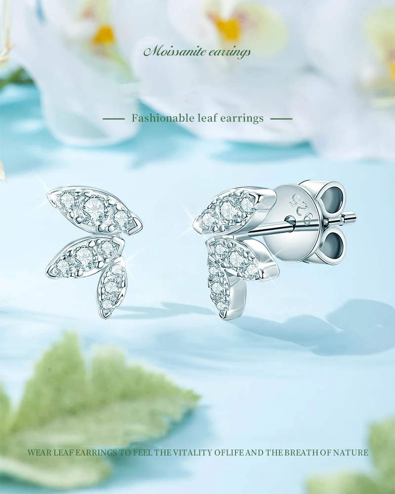 S925 Silver Leaf Butterfly D Color  Moissanite Stud Earrings  925 Sterling Silver for Women Jewelry Piercing