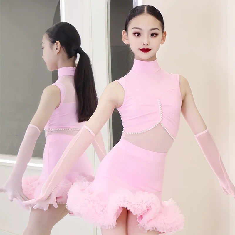 

2025 Kids Girls Latin Dance Competition Dress Pink Black Fluffy Dress Gloves Suit Cha Cha Rumba Samba Dance Perform Wear NV23818