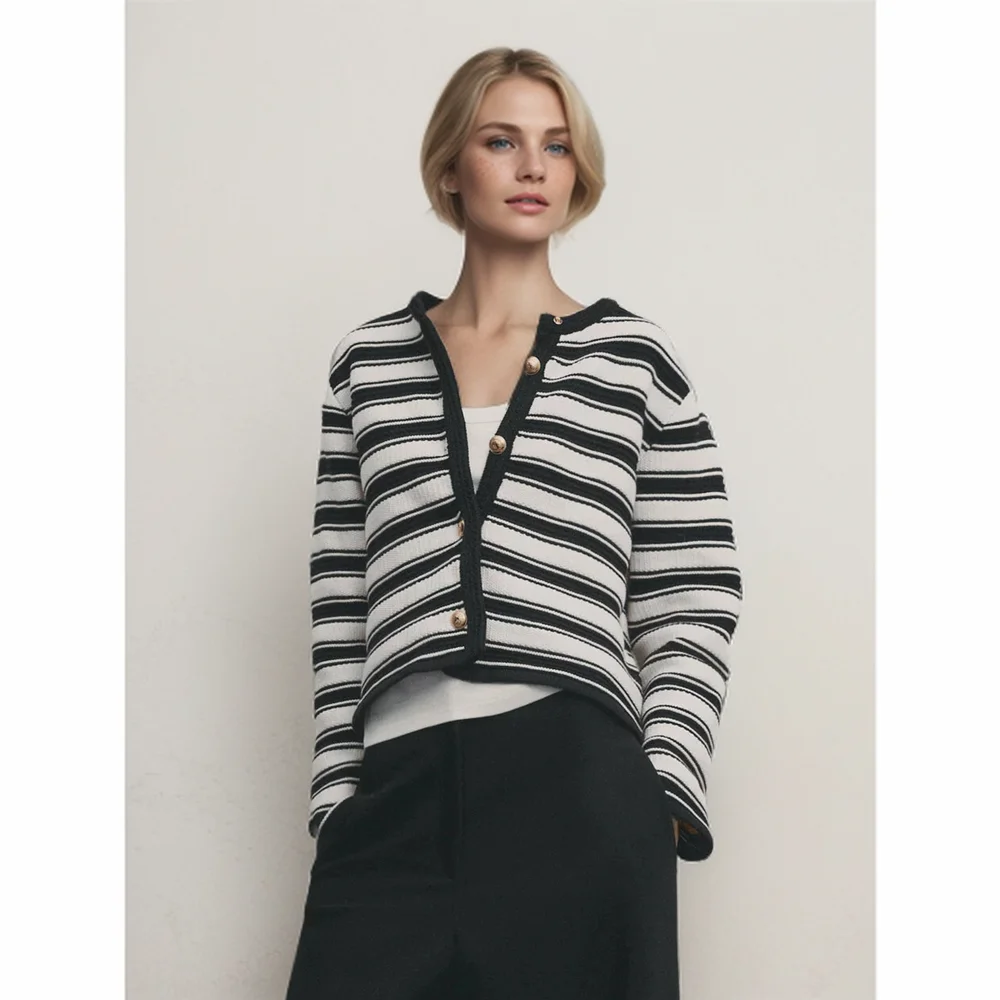 Cos Lris 2024 Autumn New Style Simple Black and White Striped Knitted Short Coat for Women 05660513800