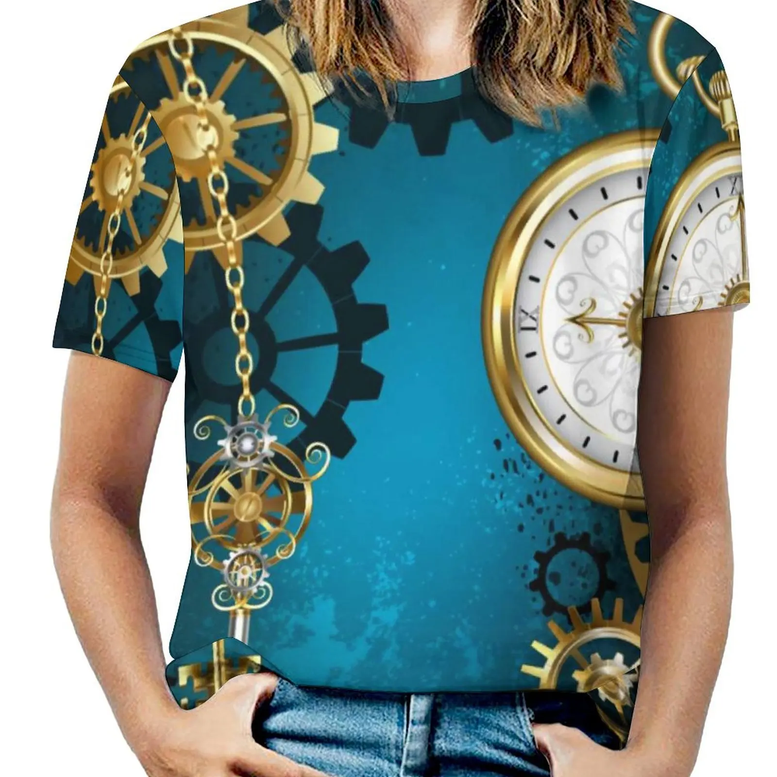 Oversize Steampun Turquoise Gears T-Shirts Vintage Steam Punk Antique Streetwear T Shirt Short Sleeve Summer Design Tops