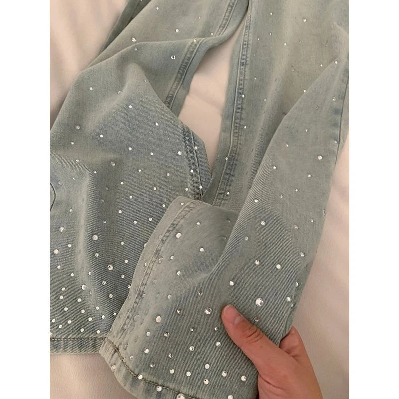 2025 Korean Style Women's Jeans | Spring Crystal Washed High Waist Wide Leg Pants, Chic Straight Cut Slim Fit Floor Length