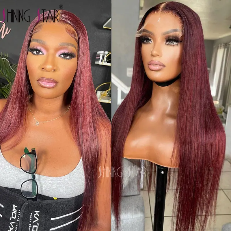 

99J Burgundy 13X6 Lace Front Human Hair Wigs Brazilian Colored Straight 13X4 Hd Lace Frontal Closure Wig 30 34 Inch Red Lace Wig