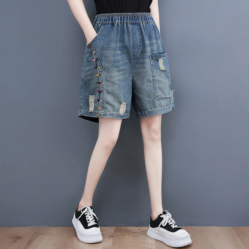 

Artistic Waed Embroidered Ripped Denim orts Women's Summer Loose plus Size Concealing Slimming Wide Leg Five-Quarter Pants