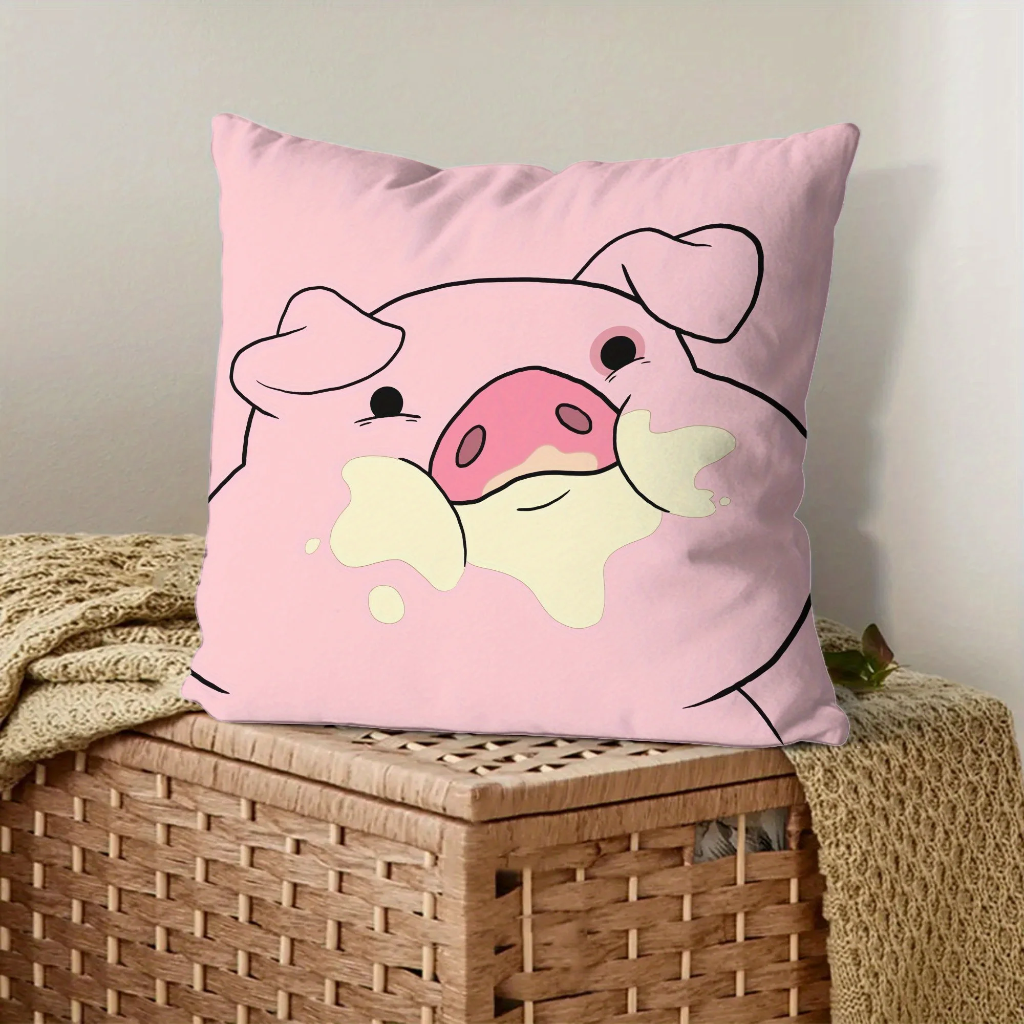 1PC Gravity Falls Waddles The Pig Cute Cartoon Pillowcase, Soft Pink Polyester Zippered Cushion Cover, Machine Washable, Ideal f