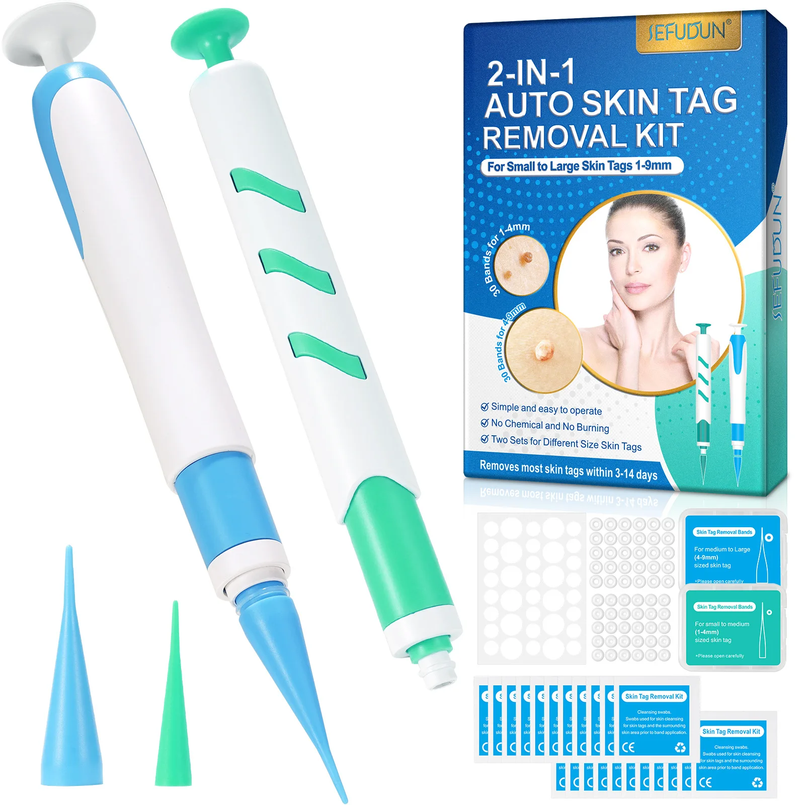 2-IN-1 Auto Skin Tag Removal Tool Kit Painless Skin Label Mole Acne Wart Removal Pen with Cleansing Swabs Facial Skin Care Tool