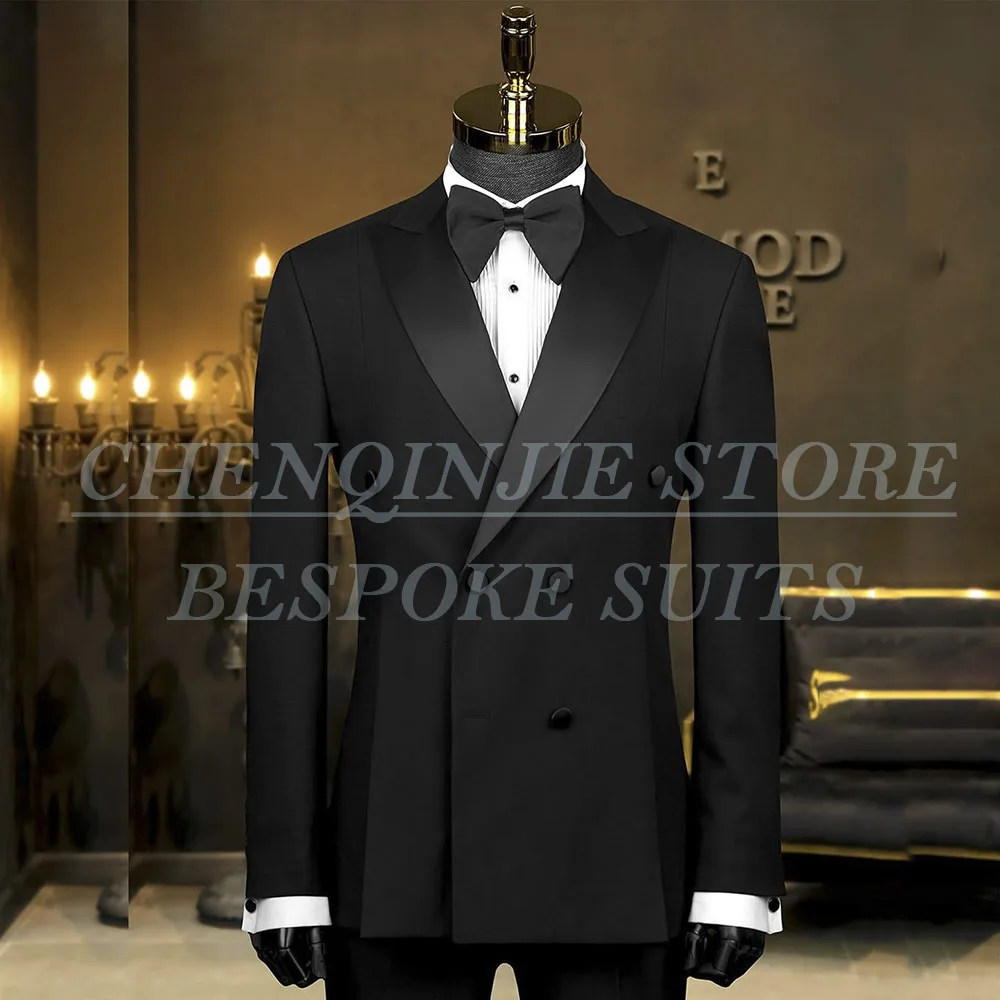 

SILIWEYA High Quality Black Men Suits 2 Piece Jacket Pants Wedding Double Breasted Peak Lapel Skinny Male Clothing Costume Homme