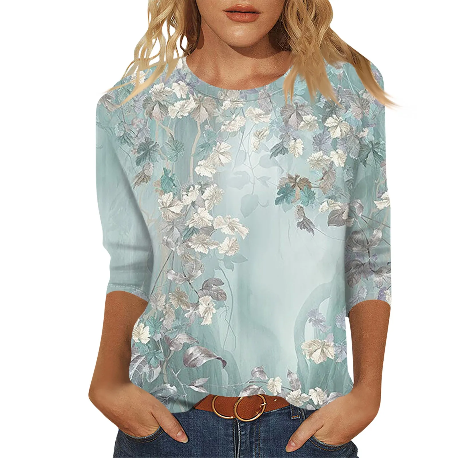 2025 spring casual fashion loose printed T-shirt ladies casual round neck long rendering elegant and beautiful tops for women