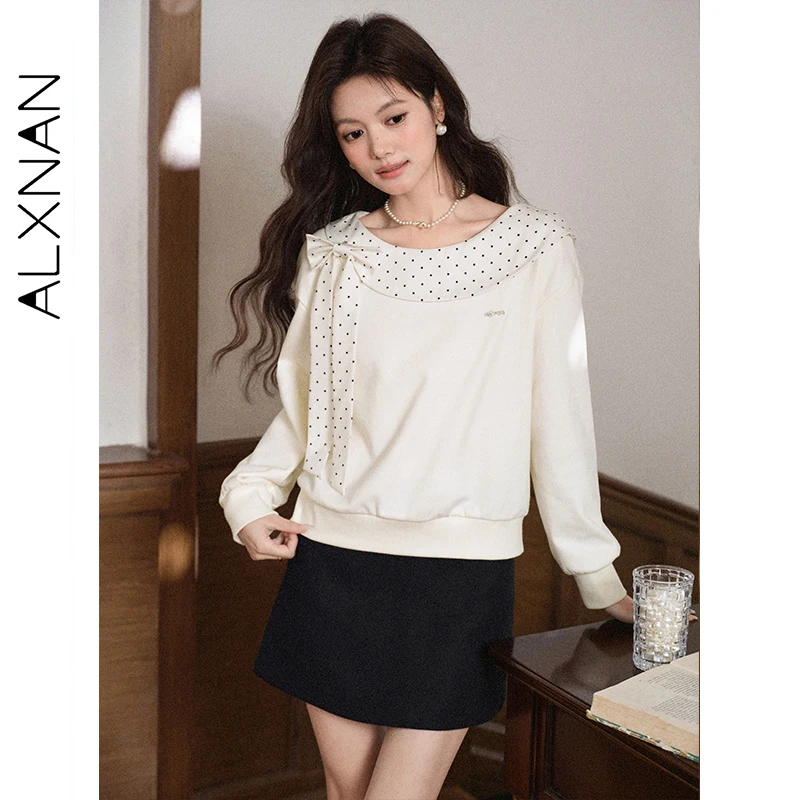 

ALXNAN женская футболка с открытыми плечами в горошек в стиле пэчворк с бантом, топы с длинными рукавами, эластичный подол, повседневная универсальная женская одежда L58705
