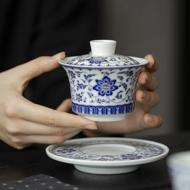 Silver Pattern Blue and White Lianli Branch Horseshoe Three-Talent Gaiwan Kung Fu Tea Set Ceramic Household Antique Imitation He