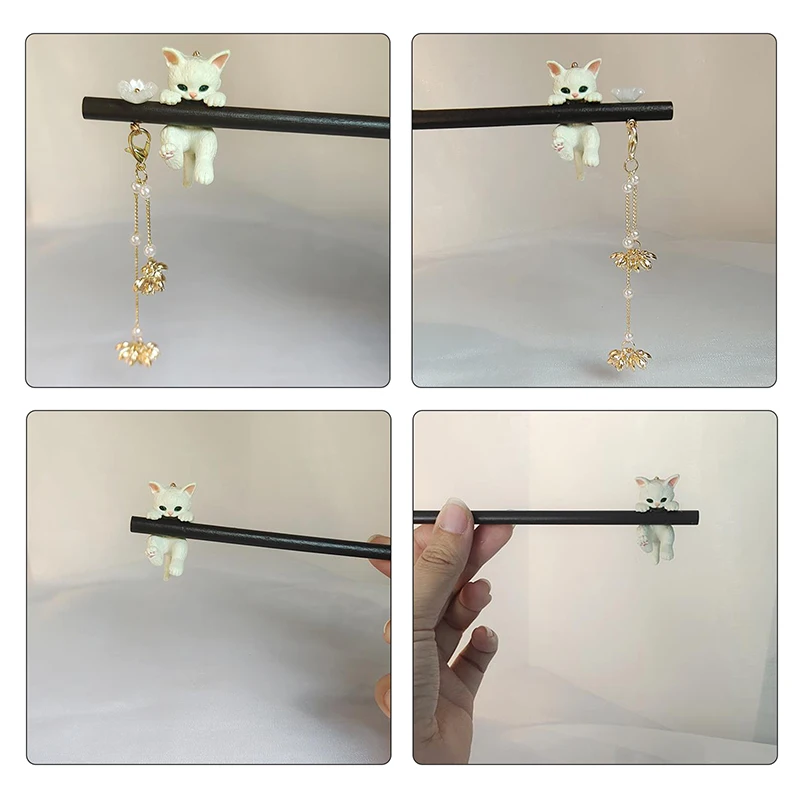 1 قطعة 17 سنتيمتر الأبنوس الأسود خشبية الشعر العصي النساء النمط الصيني لطيف القط قلادة خمر دبوس الشعر Hanfu تشيباو أغطية الرأس #2