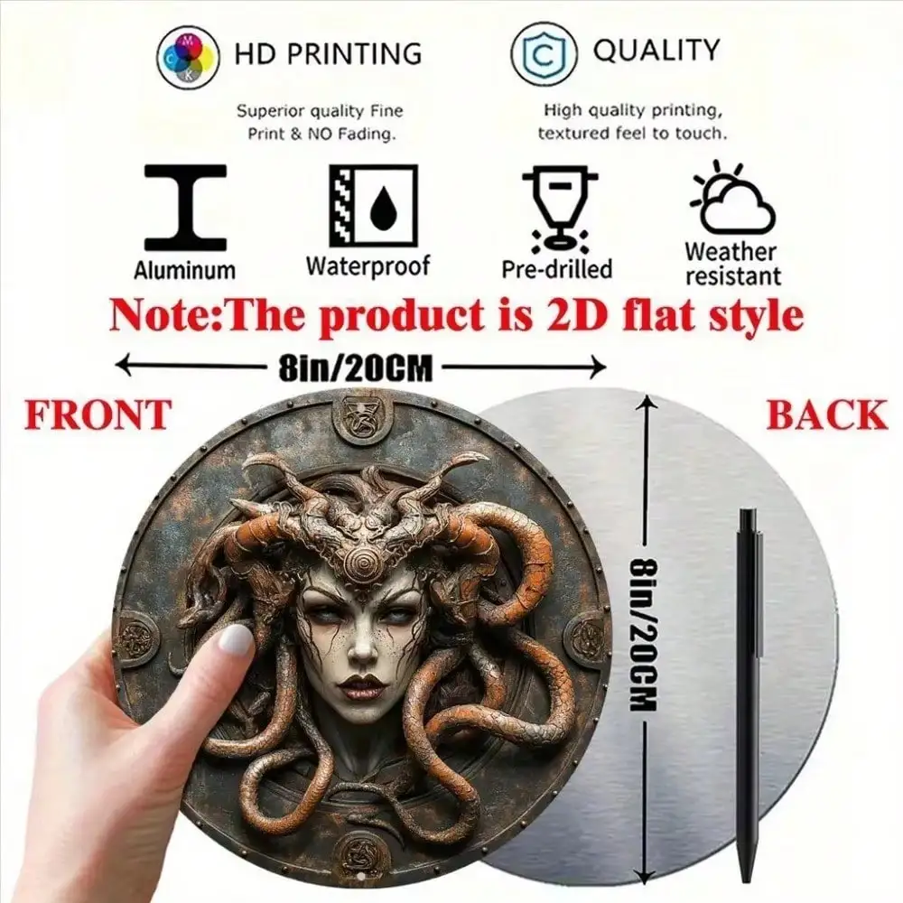 Medusa Gorgon 2D Flat High Definition Metal Wall Art Greek Mythology Fantasy Snake Hair Woman Antique Bronze Statue Circular Shi
