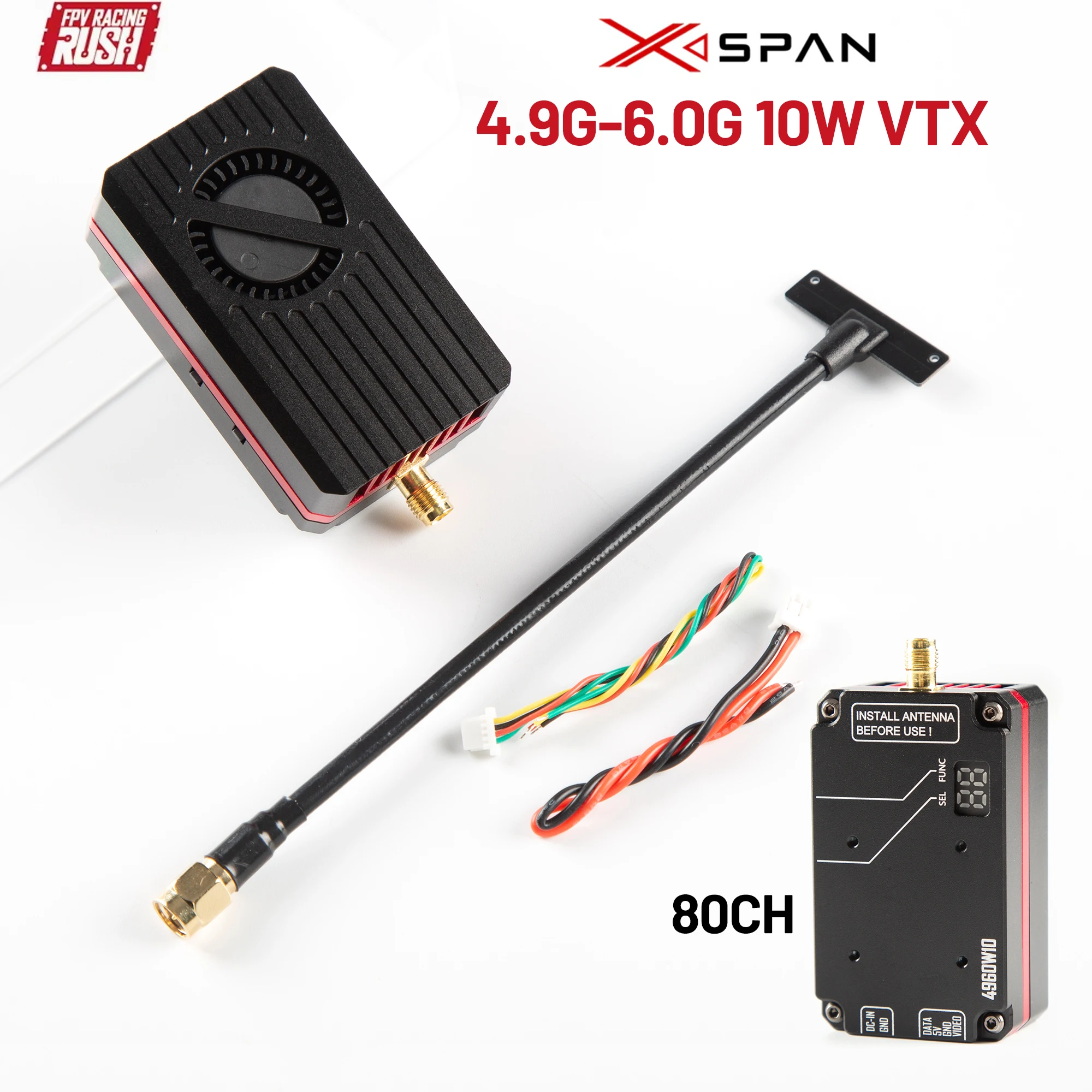 

RUSHFPV 4.9G-6.0G 10W VTX with SMA Antenna High Power 80CH VTX Video Transmitter for RC FPV Long Range Fixed-wing Drones